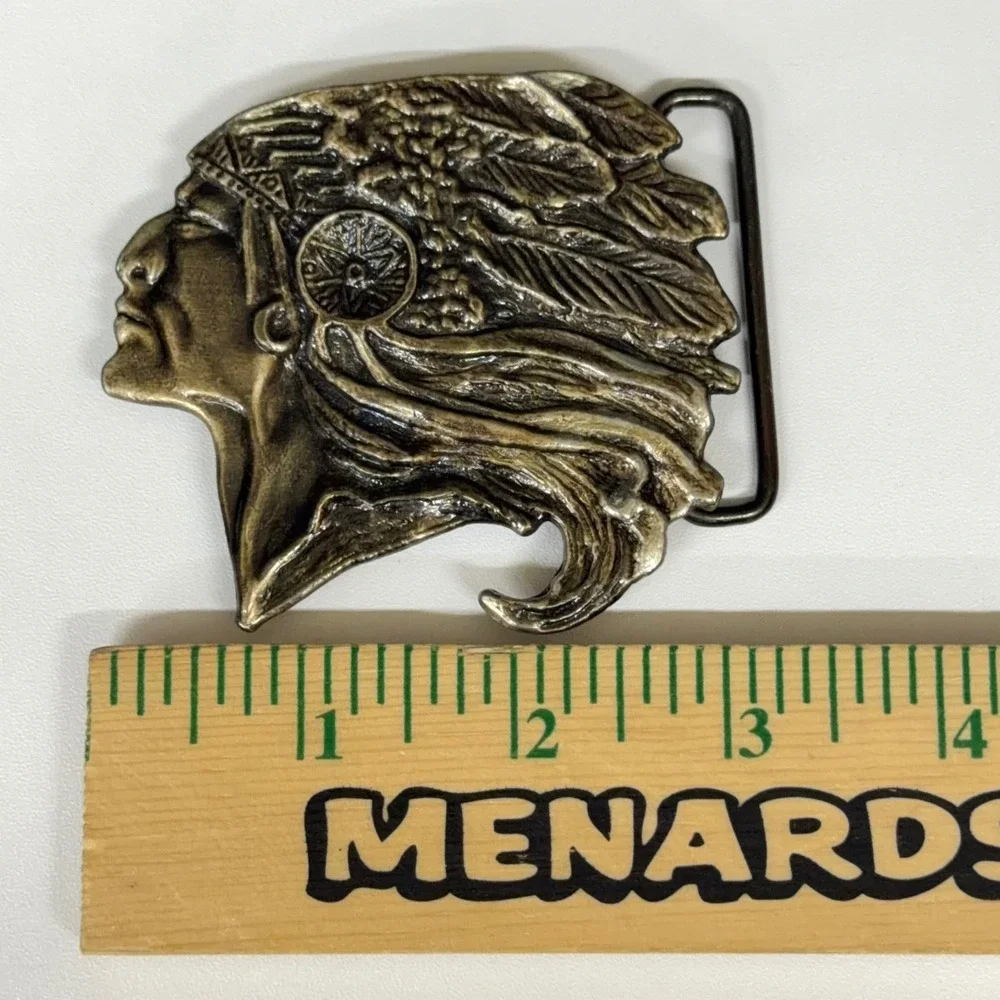 Vintage Native American Chief Headdress Belt Buckle Brass Tone‎ Western Boho